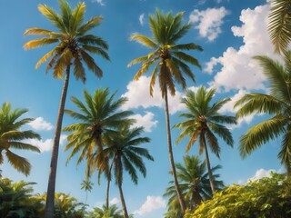 A bright, sunny tropical sky with palm trees standing tall against a vivid blue sky, their leaves catching the soft morning light
