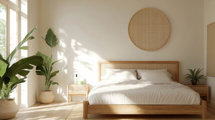 A serene bedroom featuring wooden bed, soft white bedding, and lush green plants. Natural light floods space, creating calming atmosphere perfect for relaxation