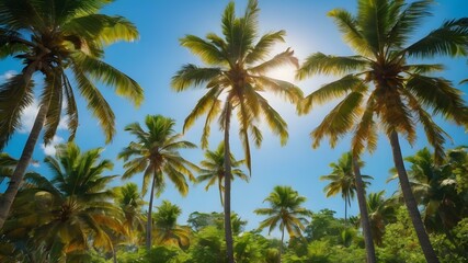 A bright, sunny tropical sky with palm trees standing tall against a vivid blue sky, their leaves catching the soft morning light
