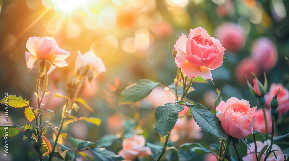 Sticker Beautiful Pink Roses in Morning Light