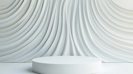 Obraz premium A modern, minimalist interior featuring smooth, curved white wall design and circular platform. elegant lines create serene atmosphere, perfect for showcasing art or products
