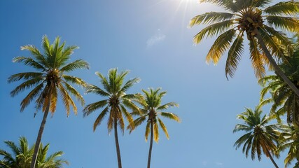 Obraz premium A bright, sunny tropical sky with palm trees standing tall against a vivid blue sky, their leaves catching the soft morning light 