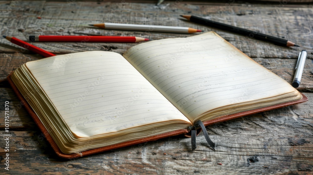 Poster open notebook with writing instruments on wooden table