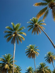 Obraz premium A bright, sunny tropical sky with palm trees standing tall against a vivid blue sky, their leaves catching the soft morning light 