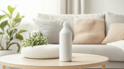 A white spray bottle sits on wooden table next to cozy sofa adorned with soft cushions and decorative plant. bright, airy room exudes fresh and inviting atmosphere