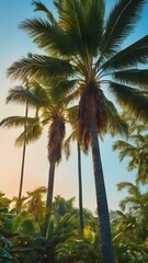 Obraz premium A bright, sunny tropical sky with palm trees standing tall against a vivid blue sky, their leaves catching the soft morning light 