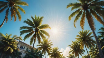 Obraz premium A bright, sunny tropical sky with palm trees standing tall against a vivid blue sky, their leaves catching the soft morning light 