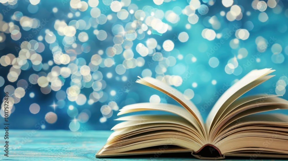 Poster open book with blur background of bokeh lights