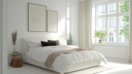 Fototapeta premium Cozy and comfortable bed in bright bedroom with white walls and windows at contemporary apartment