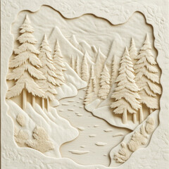 an abstract image in beige with limited details of a forest, mountain, river and trees cut out