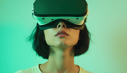 A young women short hair wearing the VR glasses. Virtual world. Green background.