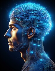 Obraz premium IA y aprendizaje automático: Un cerebro hecho de circuitos y redes de datos.