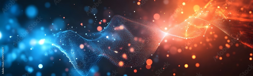 Poster abstract digital network background banner with glowing light and connecting data dots in blue orang