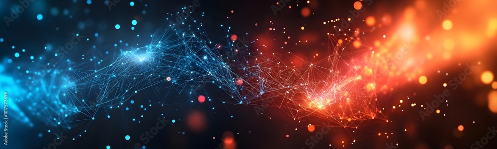 Poster abstract digital network background banner with glowing light and connecting data dots in blue orang