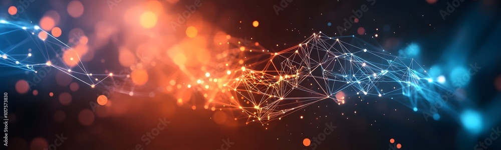 Poster abstract digital network background banner with glowing light and connecting data dots in blue orang