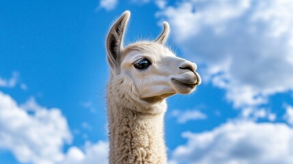 Obraz premium Baby llama portrait blue sky background - rural bolivia