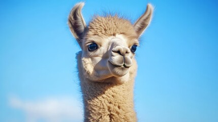 Obraz premium Baby llama portrait blue sky background - rural bolivia
