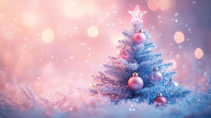 Minimal blue and pink Christmas tree, soft lavender backdrop, tiny glass balls and stars, gentle light, cute and festive layout.