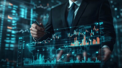 Cost efficient and quality control concept businessman with virtual quality control growth graph and cost reduction lower cost optimization for product or service to improve business risk solution