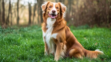 Nova scotia duck tolling retriever sitting in green grass; smiling; happy dog; relaxed dog; woods background