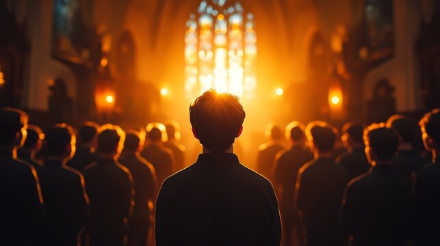 A choir standing in a perfect circle, singing in harmony, their voices resonating in the air, surrounded by soft light in a serene indoor setting