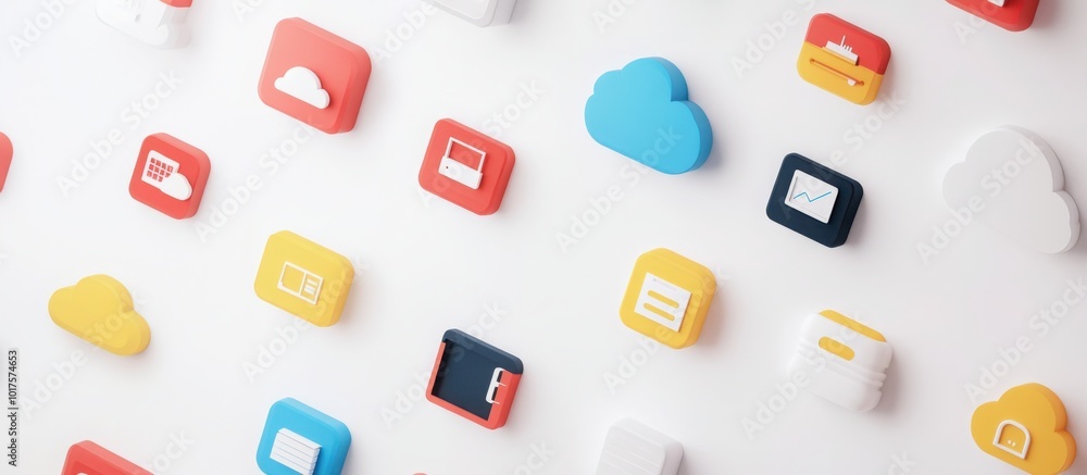 Poster minimalist illustration featuring floating cloud storage icons in a grid layout on a white backgroun