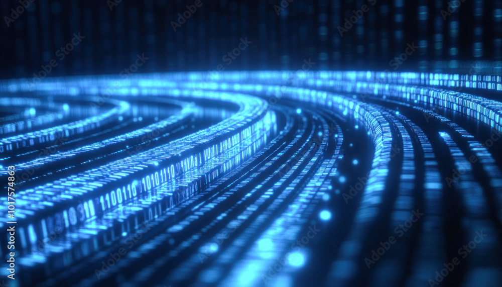 Poster binary code forming curved shape on dark blue background