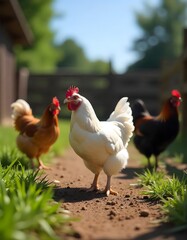 Fototapeta premium hen and chickens. chicken on the farm. chicken hen farming in a small farm organic farming.