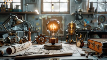 Vintage Workshop with Light Bulb and Mechanical Elements