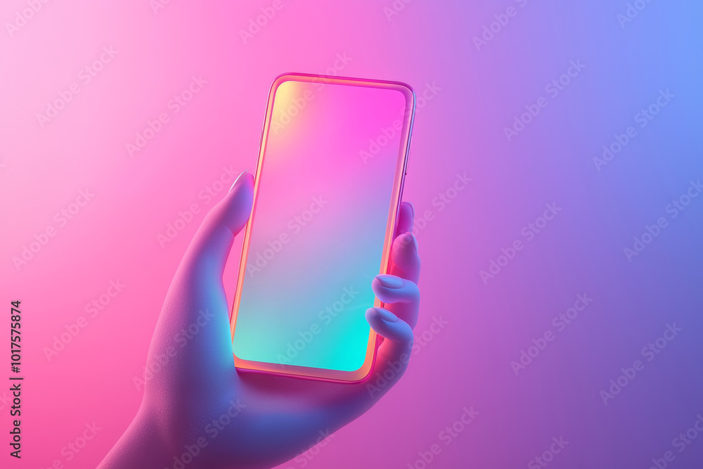 Poster a hand holding a modern smartphone with a colorful abstract background illuminated by soft pink and 