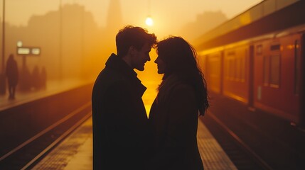 Sunset Love: Couple Sharing a Tender Moment on a Train Station - Made with Generative AI