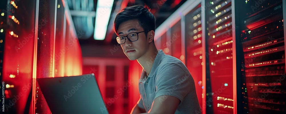 Poster image of an asian professional handling network operations in a server room.