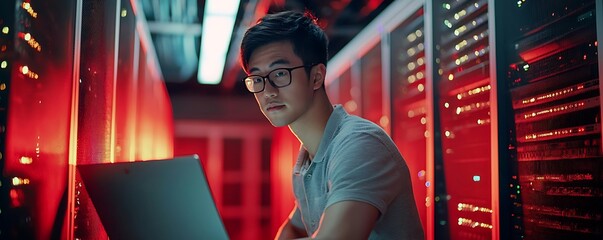 Image of an Asian professional handling network operations in a server room.