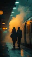 Couple Waiting for a Train at Night Amidst Glowing Mist - Made with Generative AI