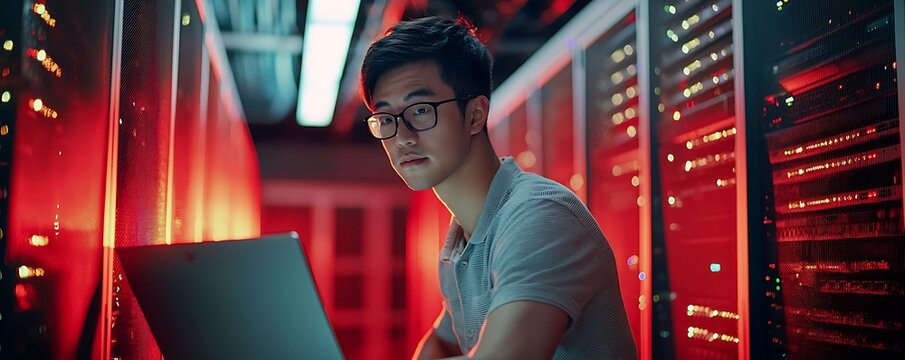 Image of an Asian professional handling network operations in a server room.