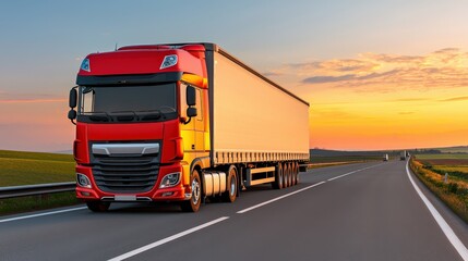Obraz premium Red Semi Truck Driving on Highway at Sunset
