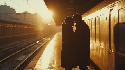 Silhouetted Couple at Train Station Bathed in Golden Sunset Light - Made with Generative AI