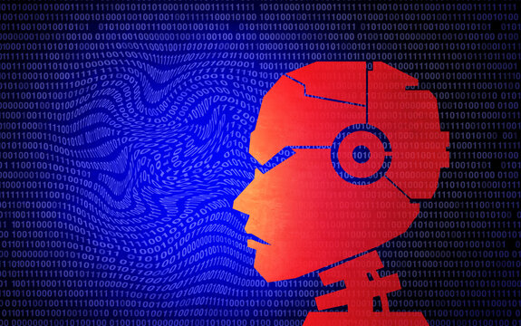 Evil Robot Concept and rogue AI risk as robots gone bad and Malicious code and computer malfunction or corrupt machine learning and dangerous artificial intelligence.