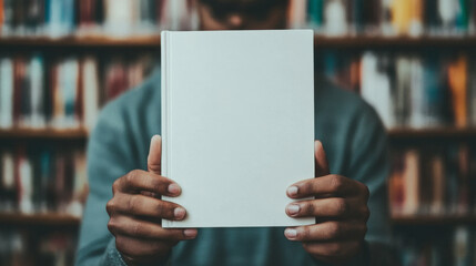 A person holds a blank book in front of them, with bookshelves in the background.