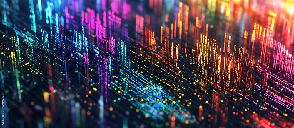 Poster machine learning and big data visualized in an abstract, colorful tech landscape.