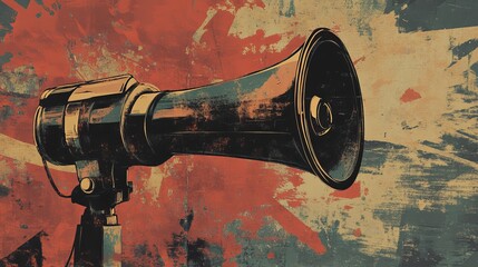 Grunge collage banner with a loudspeaker announcing bold promotions, in a retro style.