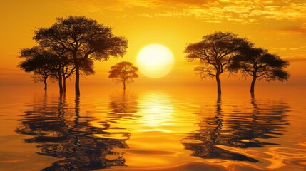 Fototapeta premium Serene Sunset Over Water with Silhouetted Trees