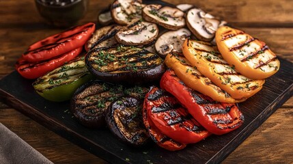 A vibrant assortment of grilled vegetables including bell peppers mushrooms and eggplants presented on a dark wooden serving board seasoned with fresh herbs