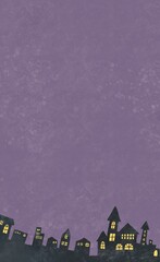 ハロウィンの夜イメージの紫色背景素材　街灯りのシルエット