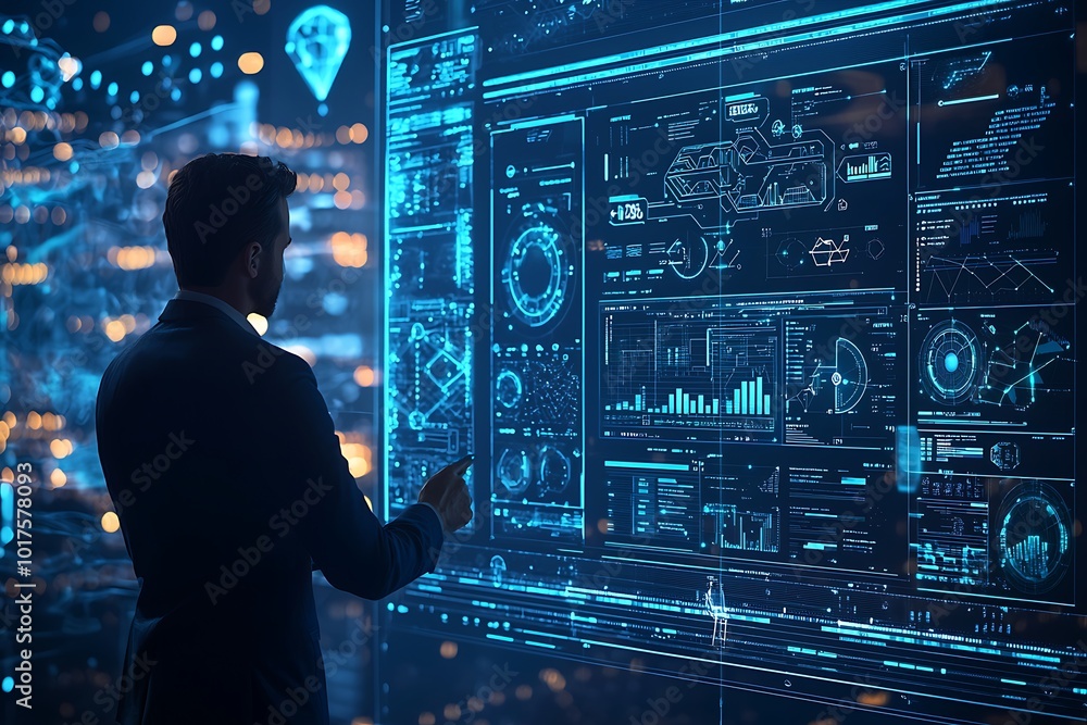 Poster ai operations visualized on a blue digital interface with businessman interaction.