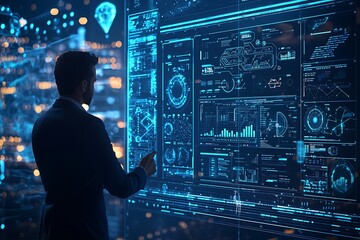 AI operations visualized on a blue digital interface with businessman interaction.