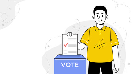 A man puts a ballot paper with a vote into a ballot box. Concept of presidential elections, voting. Banner with copy space. Vector stock illustration.