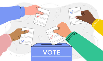 Hands of different people putting a ballot into a ballot box. Election and voting concept. Vector stock illustration in flat style.