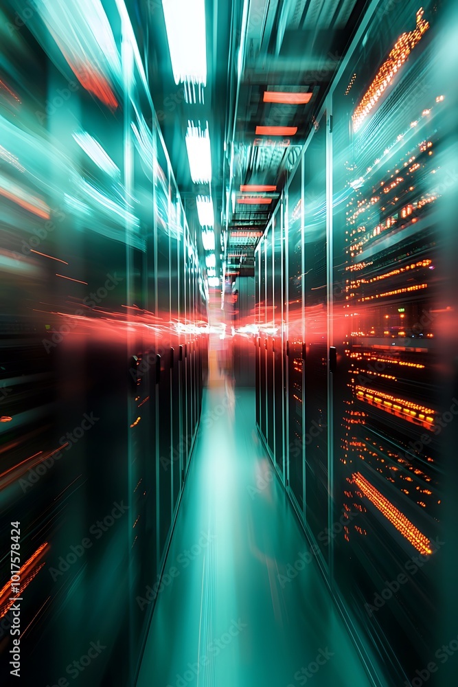 Poster blurry depiction of server room used for it security and data management.