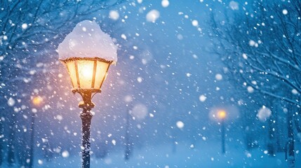 Obraz premium A snow-covered street lamp brightens a cold, wintry evening, with snowflakes floating through the air in the quiet scene.